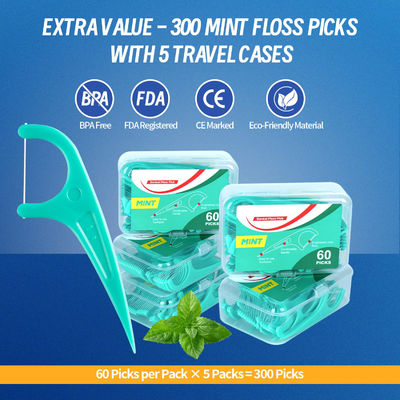 300 Count Mint Dental Floss Picks Single Use Toothpicks With 5 Travel Cases