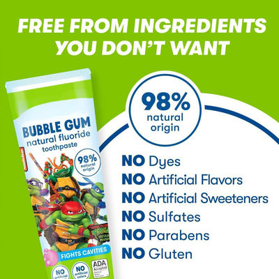 Kids Anti Cavity Natural Fluoride Toothpaste TMNT Bubble Gum Flavor 4.2 OZ