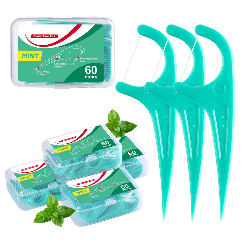 300 Count Mint Dental Floss Picks Single Use Toothpicks With 5 Travel Cases